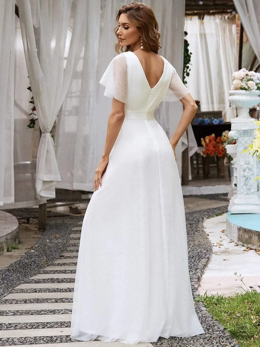 Custom Size Double V-Neck Floor-Length Bridesmaid Dress with Short Sleeve