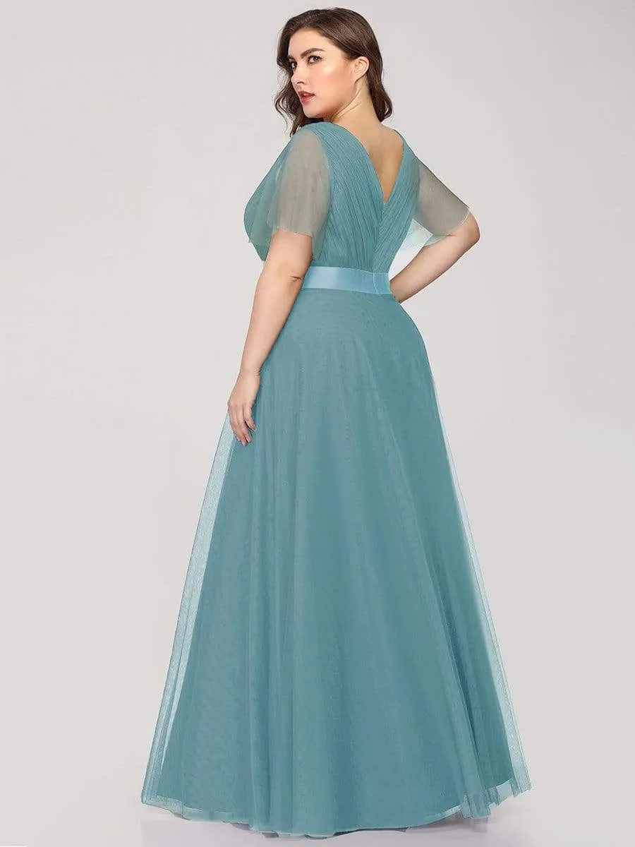 Custom Size Double V-Neck Floor-Length Bridesmaid Dress with Short Sleeve